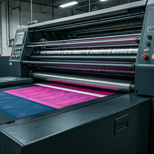 Professional large-format printing equipment producing a printed sheet