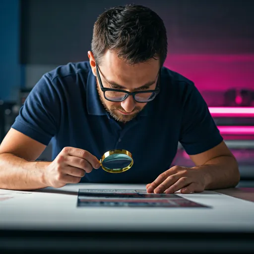 Print professional inspecting a proof closely under controlled lighting
