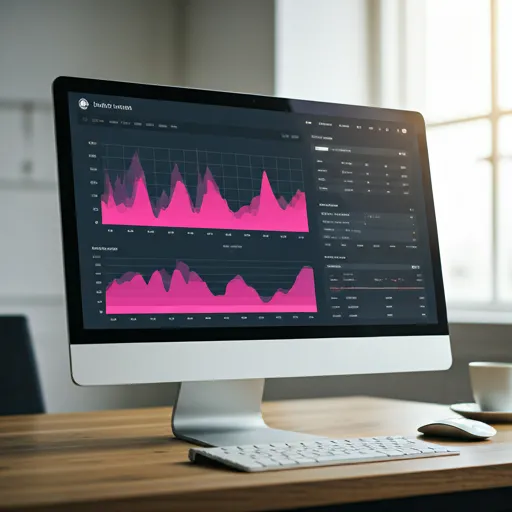 Social media analytics dashboard with magenta charts in a modern workspace