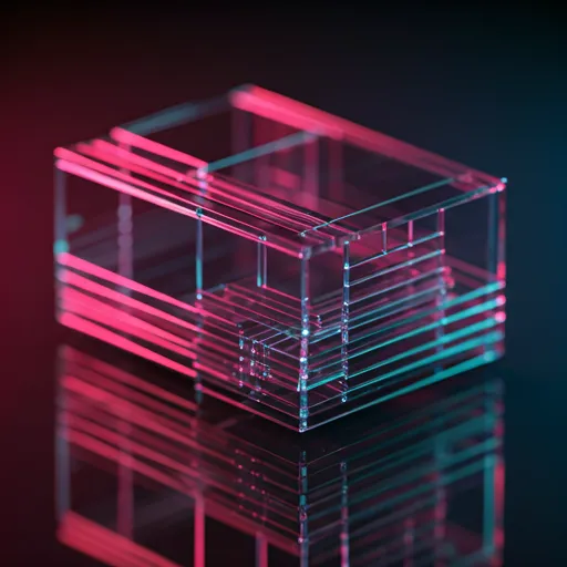 Glass architectural structure illuminated with navy, cyan and magenta light